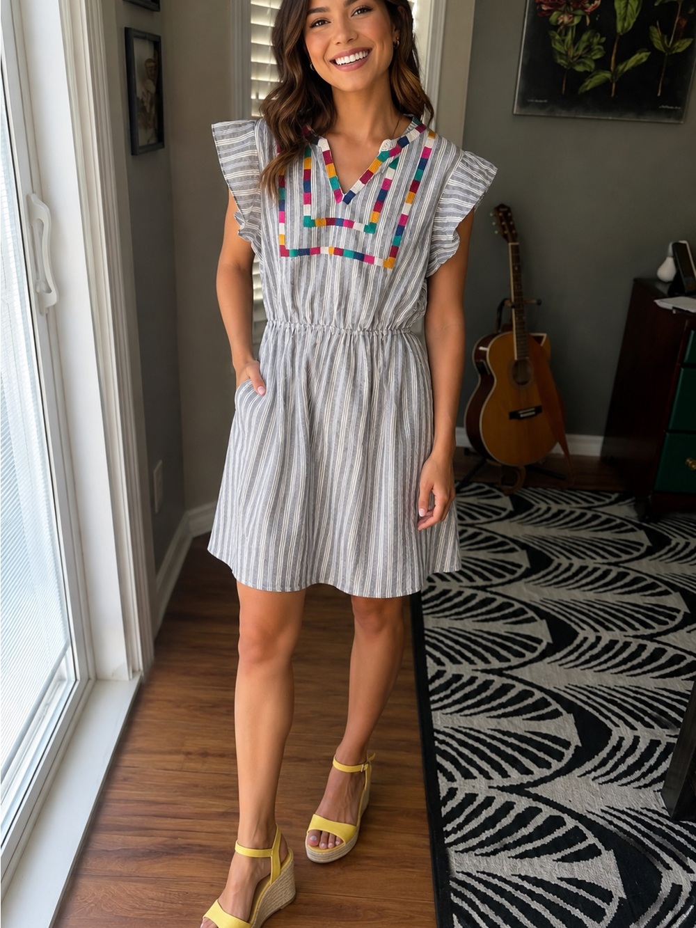 Savanna Jane Striped Cotton Dress with Multicolor Embroidery